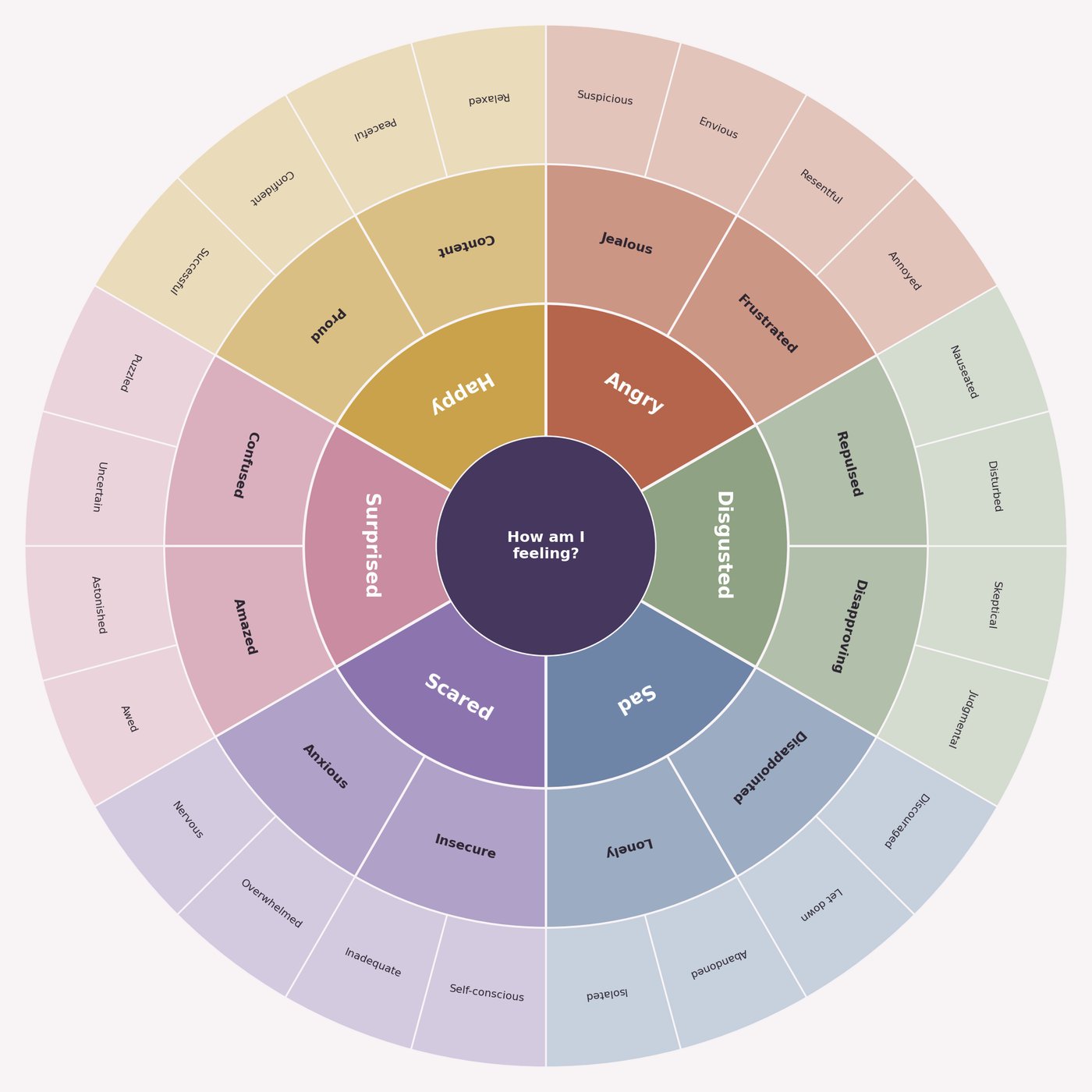 An original feelings wheel graphic with six core emotions at the center—Happy, Surprised, Scared, Sad, Disgusted, and Angry—branching outward into more specific secondary and tertiary feelings.